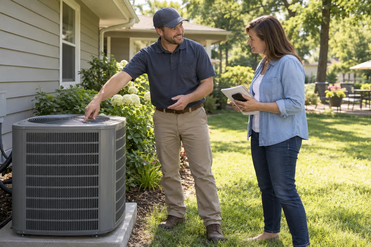 A friendly provider checking an outdoor air conditioner with a homeowner in the Independence area
