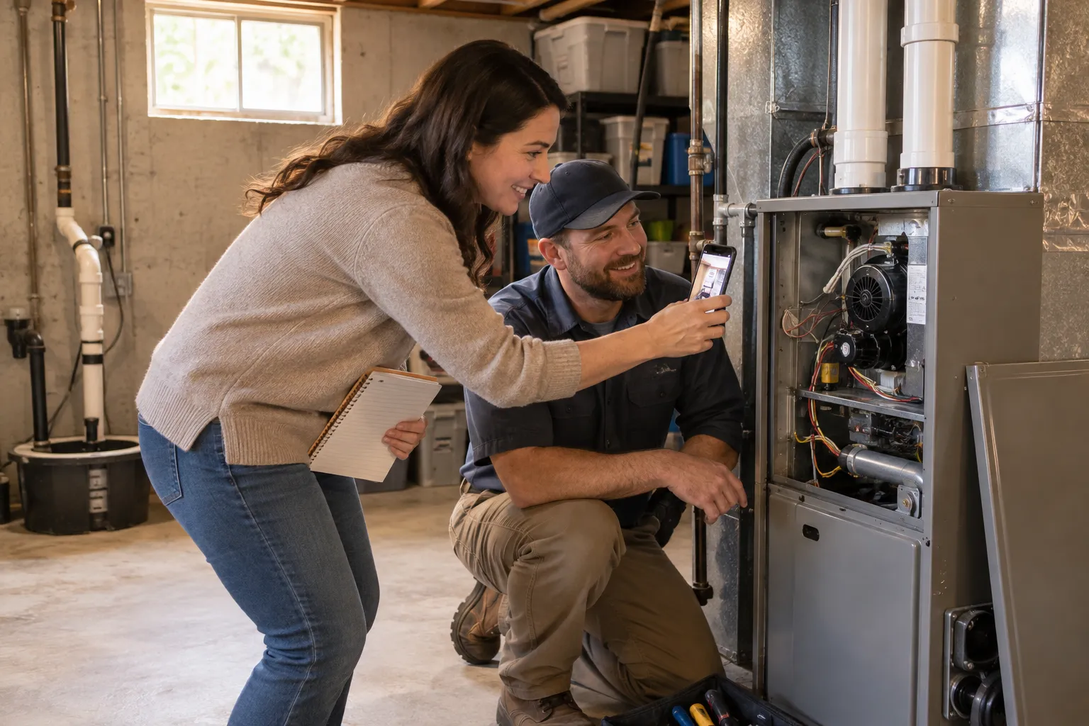 A friendly local provider reviewing a furnace with a homeowner in a basement near Independence