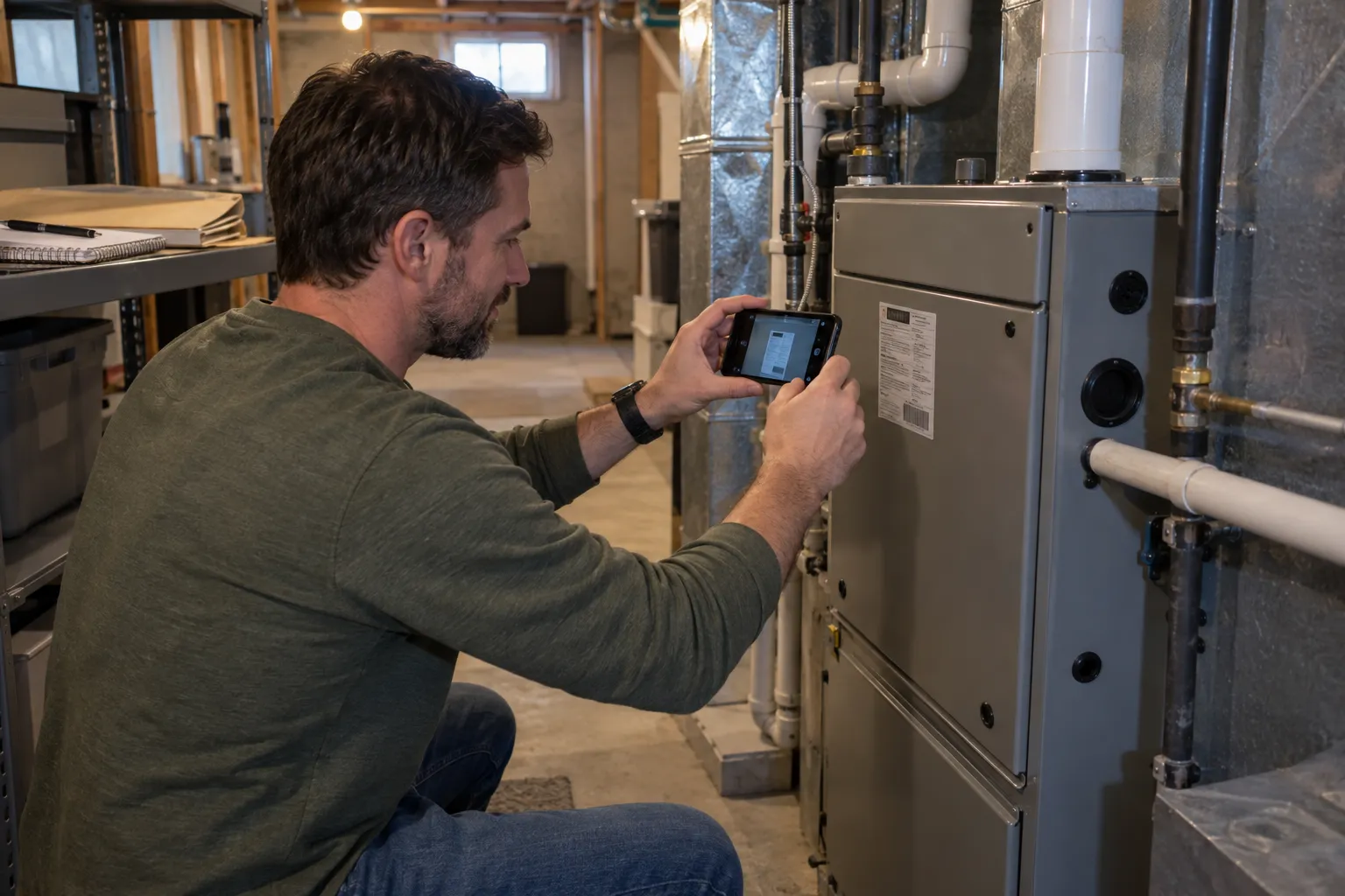 A homeowner photographing an HVAC unit and taking notes for an estimate in the Independence area