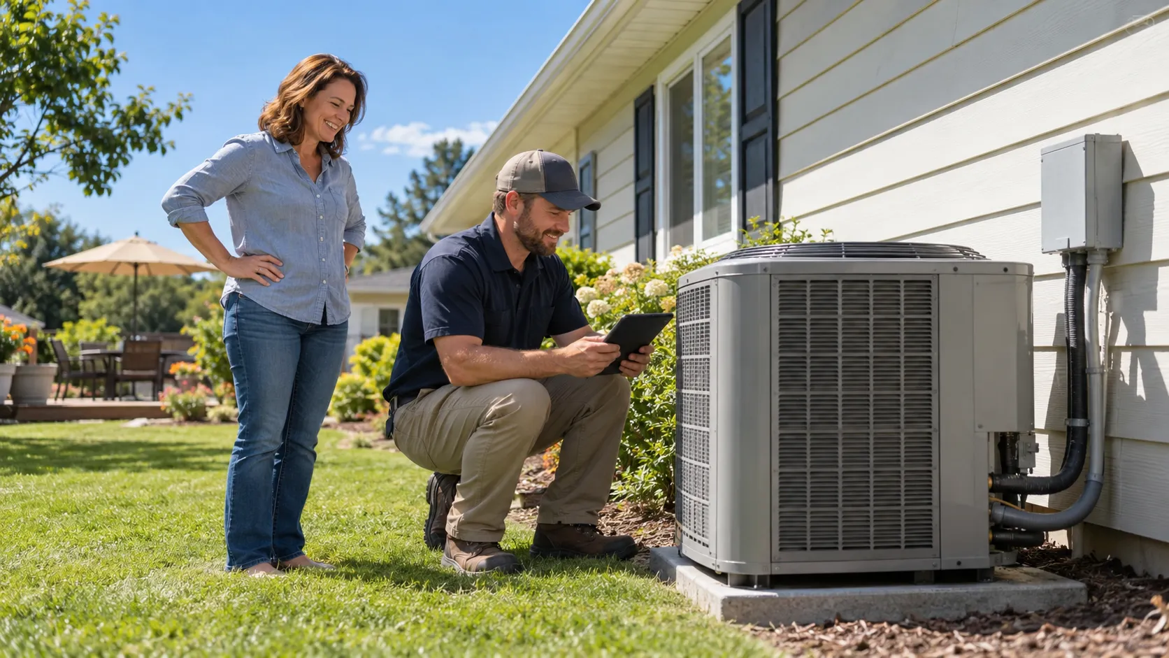 A homeowner in Independence checking the thermostat while a friendly provider looks over an outdoor AC unit